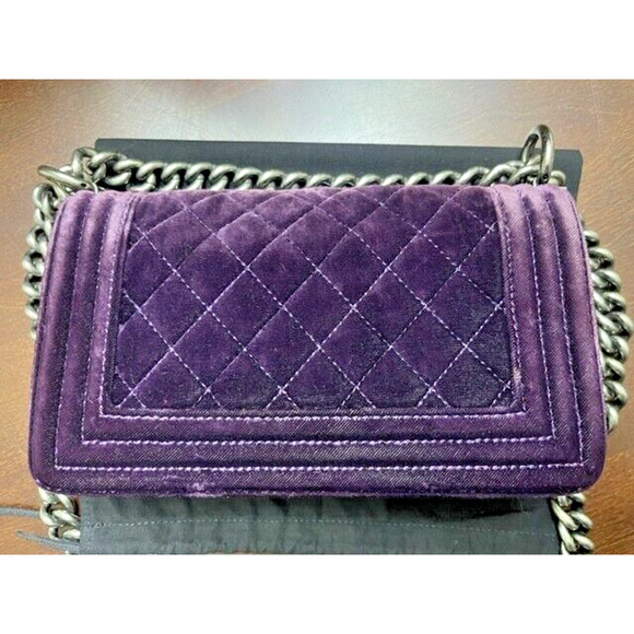 CHANEL LE BOY Purple Silver Chain Small Velvet Lambskin Shoulder Bag Crossbody - Picture 8 of 16